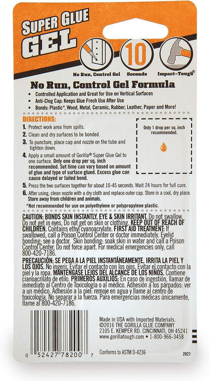 Gorilla Super Glue Gel, Two 3 Gram Tubes, Clear, (Pack of 1)