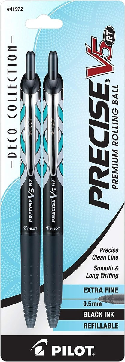 PILOT Precise V5 RT Deco Collection Refillable & Retractable Liquid Ink Rolling Ball Pens, Extra Fine Point, 0.5mm, Black Ink