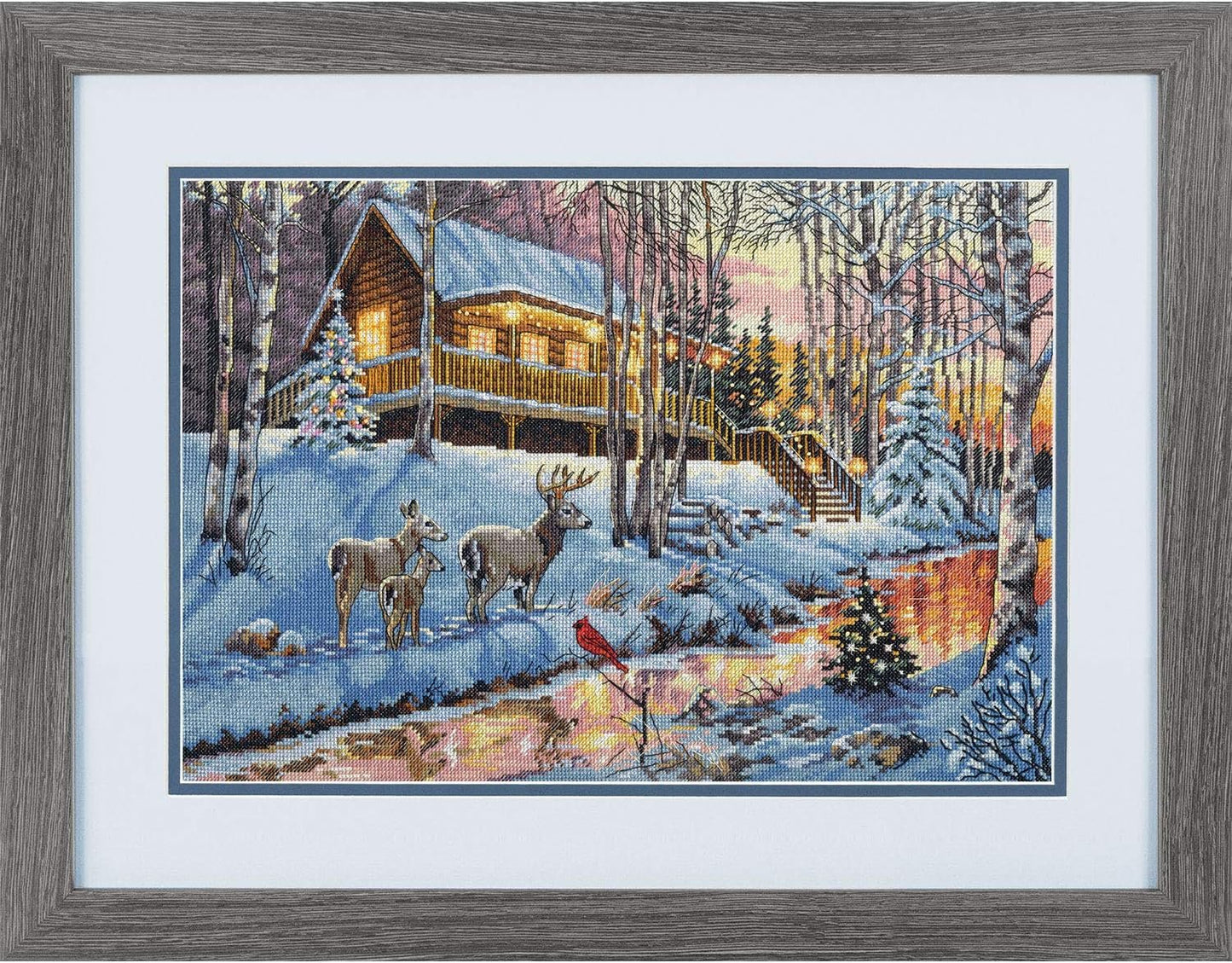 Dimensions Gold Collection Winter Cabin Christmas Cross Stitch Kit Grey 16 Count Aida, 15" x 10"