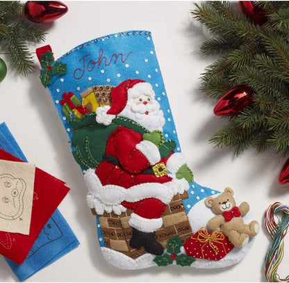 Bucilla 18-Inch Christmas Stocking Felt Applique Kit, Down The Chimney, Blue, White and Red