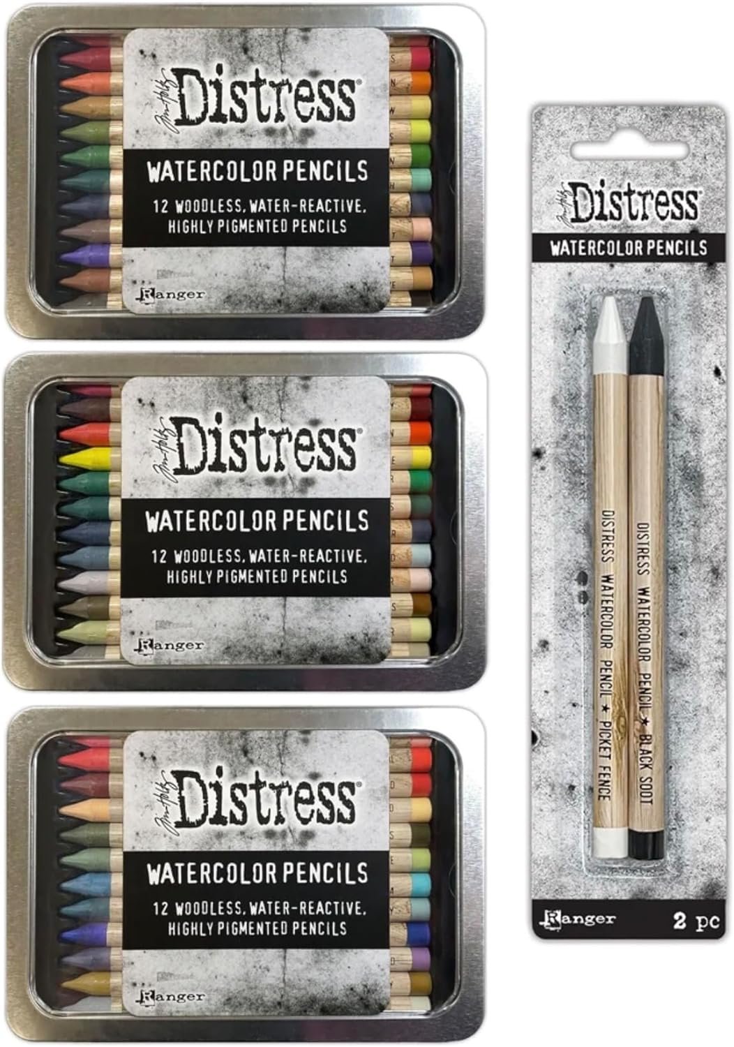 Bundle - Tim Holtz Distress Watercolor Pencils Sets 4, 5, 6 And 2 Pack Picket Fence and Black Soot