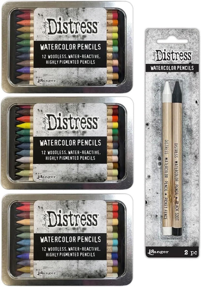 Bundle - Tim Holtz Distress Watercolor Pencils Sets 4, 5, 6 And 2 Pack Picket Fence and Black Soot