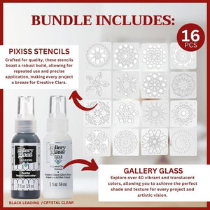 Gallery Glass (2 fl oz Jewel Tones) and 16 Pixiss Stencils for Crafts - Stained Glass Paint and Liquid Leading for Faux Stained Glass Painting with Paint Stencils for Spray Paint, Drawing, etc