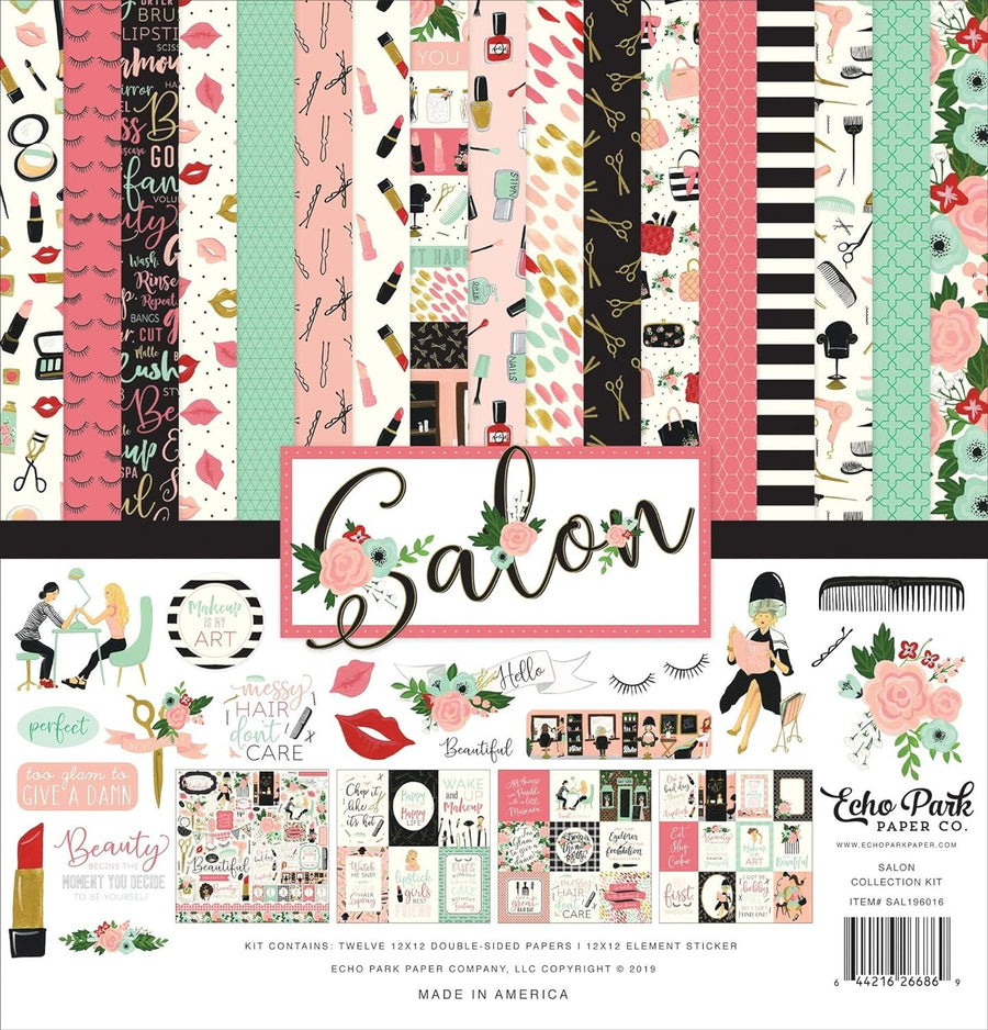 Echo Park Paper Company Salon Collection Kit paper, teal, pink, black, green, cream 12-x-12-Inch