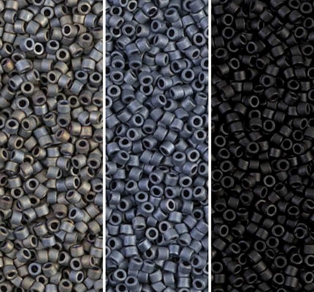 Delica Seed Beads Bundle: Size 11/0, Matte Gray Black Collection - DB301, DB307, DB310-3 Tubes of 2" ea