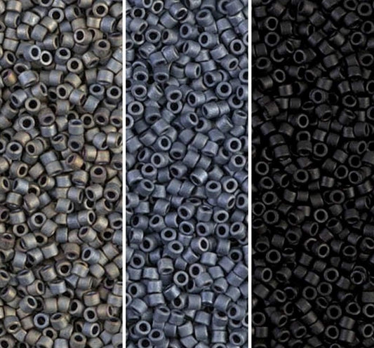Delica Seed Beads Bundle: Size 11/0, Matte Gray Black Collection - DB301, DB307, DB310-3 Tubes of 2" ea