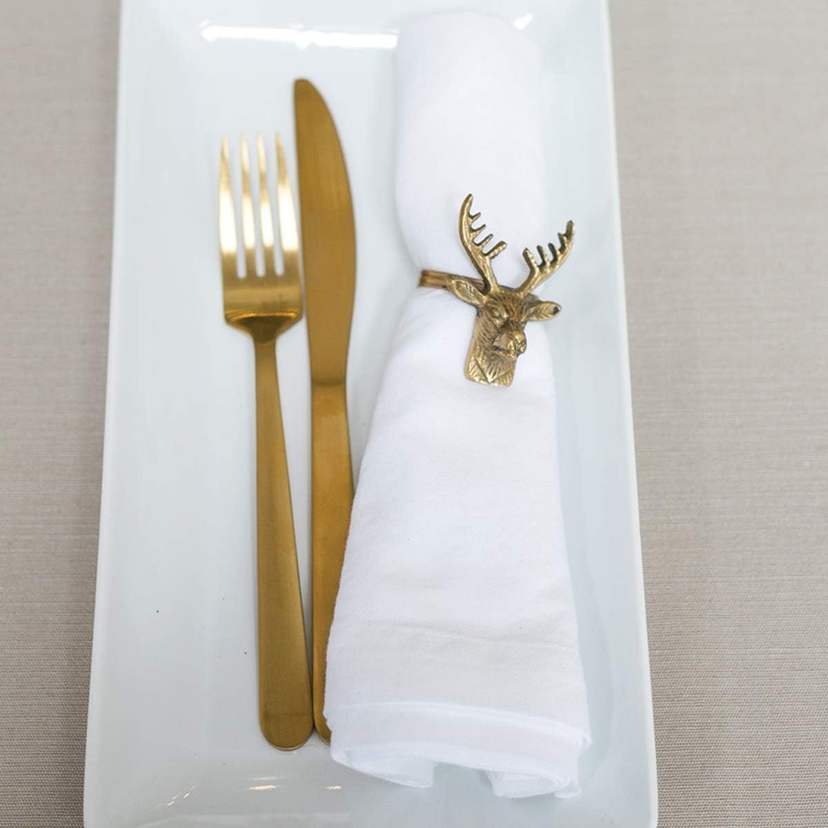Deer Head Brass Napkin Rings in Jute Bag, Set of 6