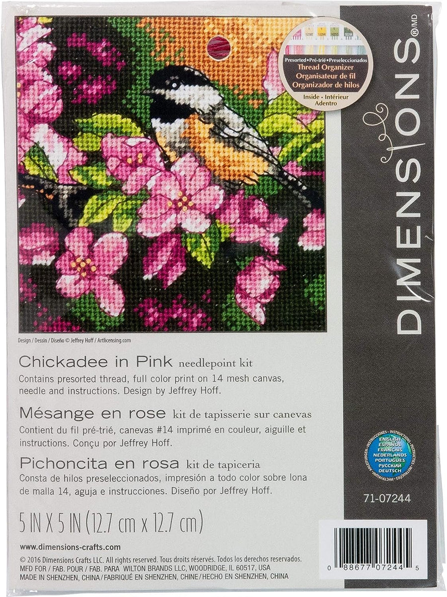 Dimensions 'Chickadee In Pink' Mini Needlepoint Kit for Beginners, 14 Mesh Canvas, 5'' x 5''