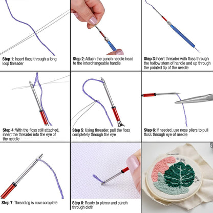 SINGER 8 Piece Punch Needle Embroidery Kit with 7 Assorted Size Punch Needle Heads, Interchangeable Handle, and Punch Needle Storage Case