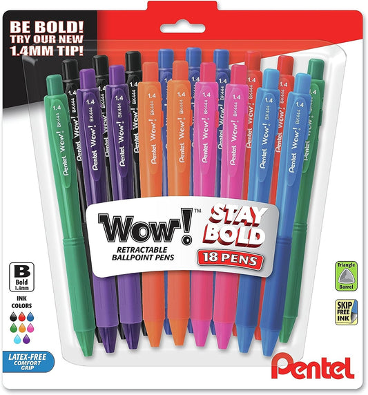 Pentel Wow! Retractable Ballpoint Pen, (1.4mm) Bold Line, Assorted Ink Colors, 18 Pack