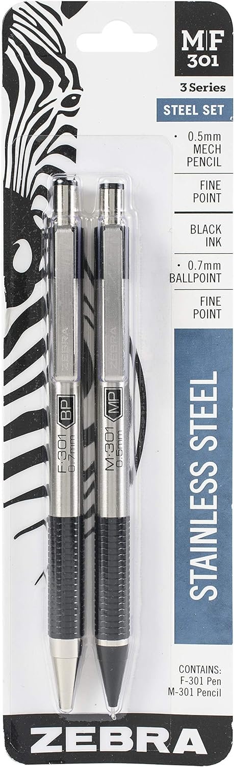 Zebra Pen Stainless Steel Writing Set, M-301 Mechanical Pencil and F-301 Mechanical Pencil, Black Grip, 2-Pack