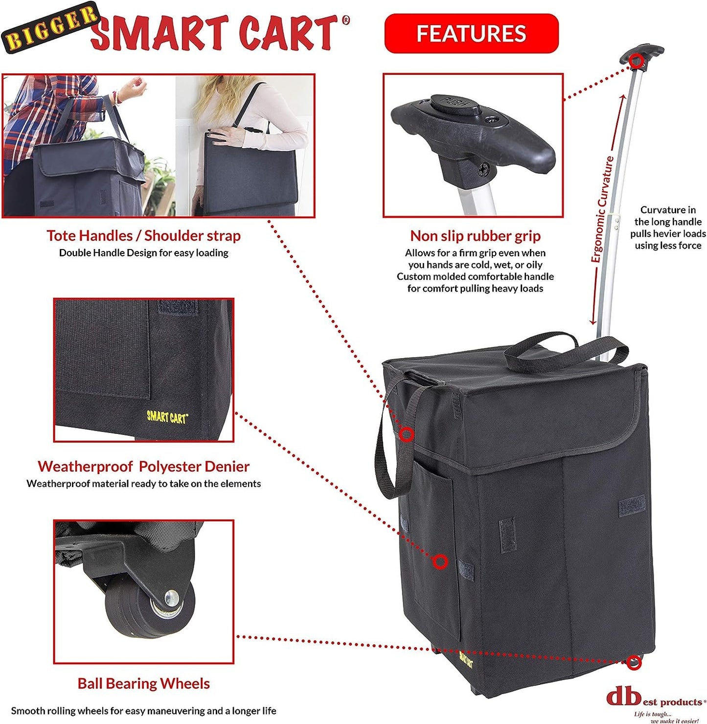 dbest products Bigger Smart Cart, Black Collapsible Rolling Utility Cart Basket Grocery Shopping Teacher Hobby Craft Art
