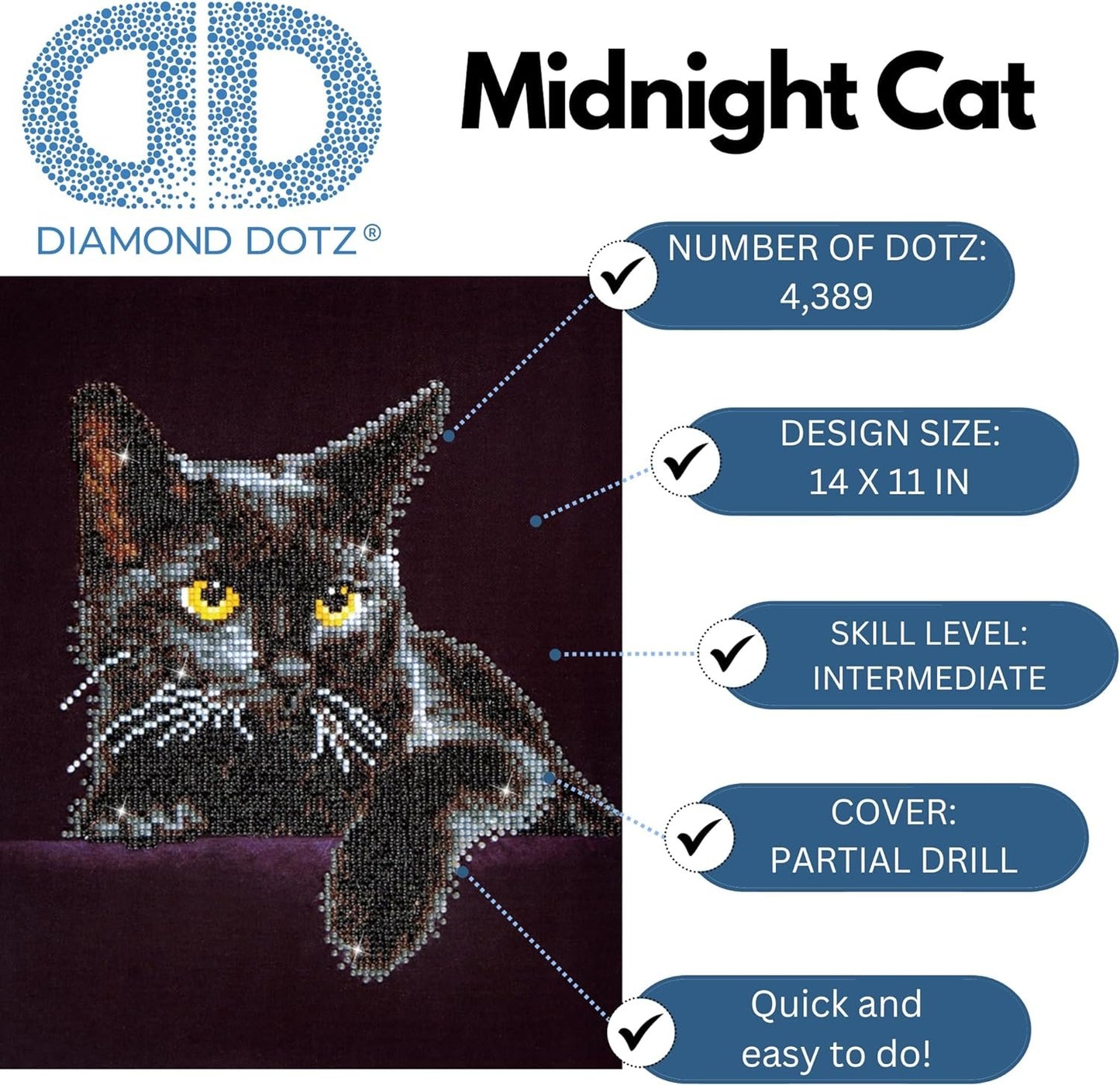 DIAMOND DOTZ® - Midnight Cat, Partial Drill, Round Dotz, Diamond Painting Kits, Diamond Art Kits for Adults, Gem Art, Diamond Art, Diamond Dotz Kits, 14"x11"