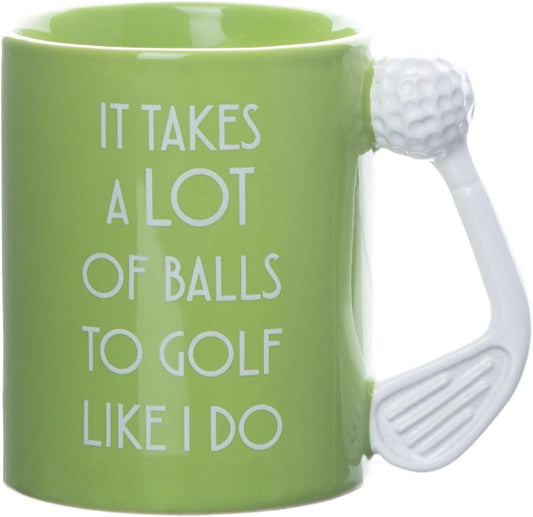 Boxer Gifts 'It Takes A Lot Of Balls To Golf Like I Do' Novelty Golf Gift Mug | Green Colour With White Golf Club Handle | Amazing Gift For Him