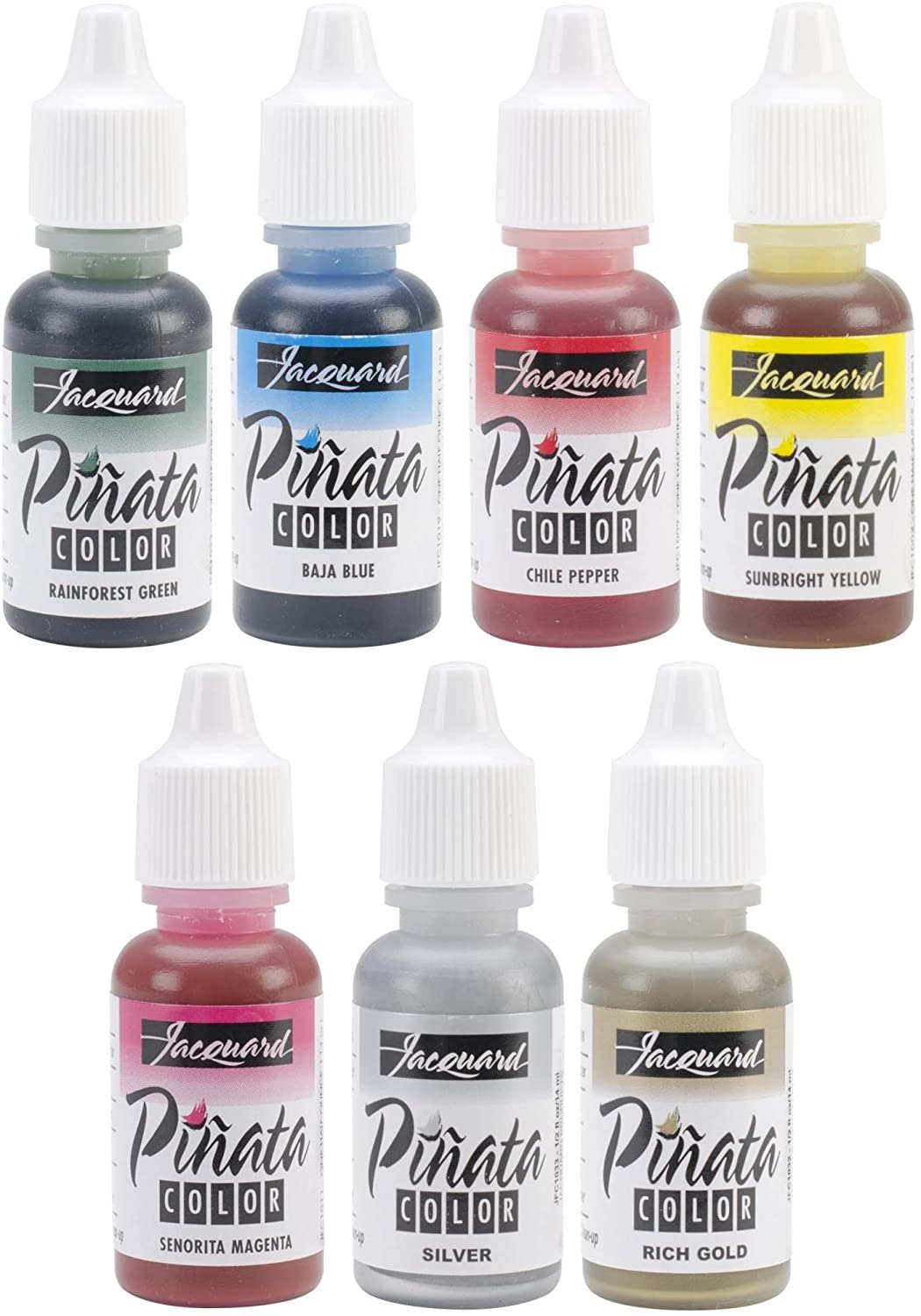 Jacquard Pinata Alcohol Inks 7 Pack Bundle, Silver, Rich Gold, Senorita Magenta, Sunbright Yellow, Chili Pepper, Baja Blue, Rainforest Green and 10X Pixiss Ink Blending Tools