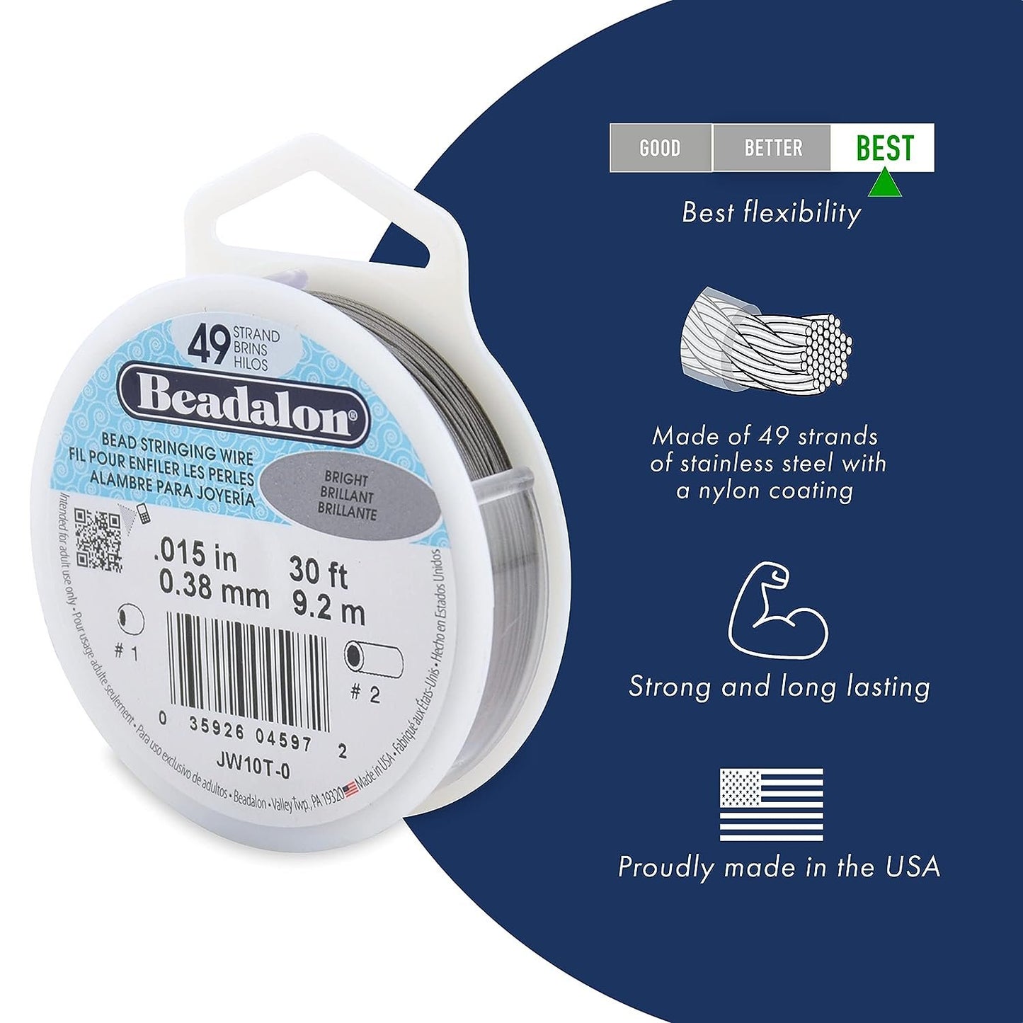Beadalon 49 Strand Stainless Steel Bead Stringing Wire.018 in / 0.46 mm, Bright, 30 ft / 9.2 m