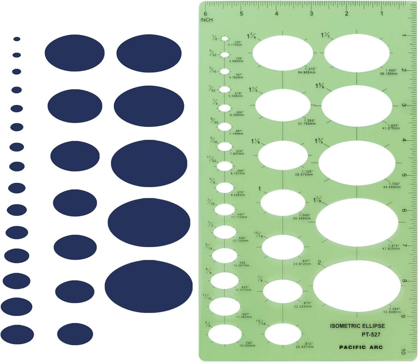Pacific Arc Isometric Ellipse Guide Template, 27 Total Ellipse from 1/8 Inch to 2 Inch with Inch Graduations