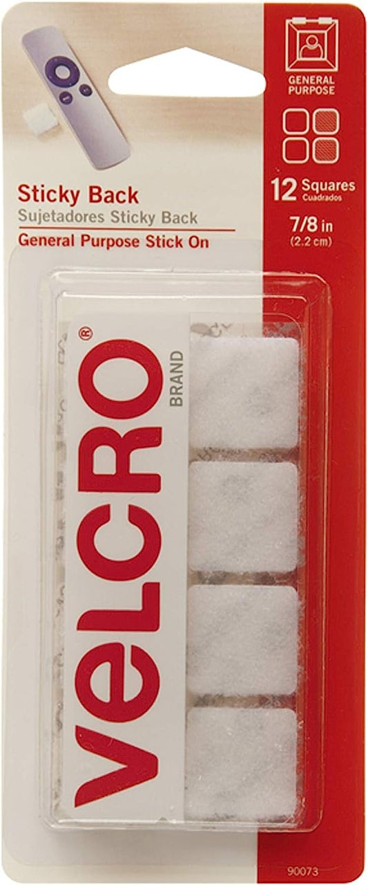 VELCRO Brand Sticky-Back Fasteners, Removable Adhesive, 0.88" X 0.88", White, 12/pack