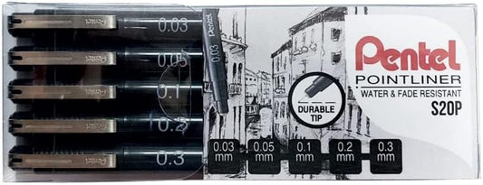 Pentel Arts Pointliner Drawing Pen, 5-Pack, Assorted Sizes, Black Ink (S20PBP5A)