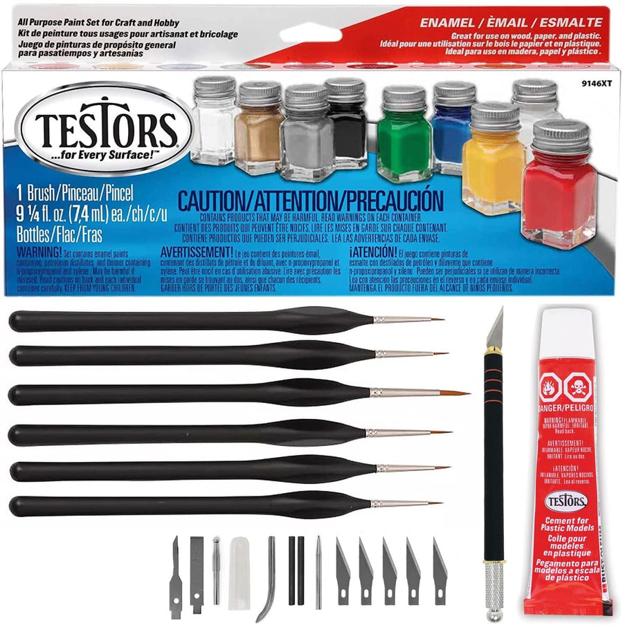 Testors Model Paint Enamel Paint Set 9146XT, Testors Cement Plastic Model Glue Adhesive, 6 Fine Detail Miniatures Paint Brushes, Precision Crafting Knife with Extra Blades and Tips