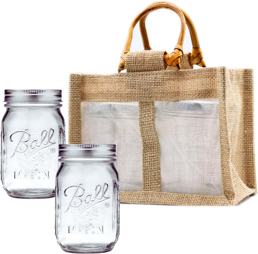 2-pk Ball Mason Jars 16 oz (Regular Mouth) and Jute Bags with Handles - Canning Jars with Lids with Tote Bag for Homemade, Customizable Gifts