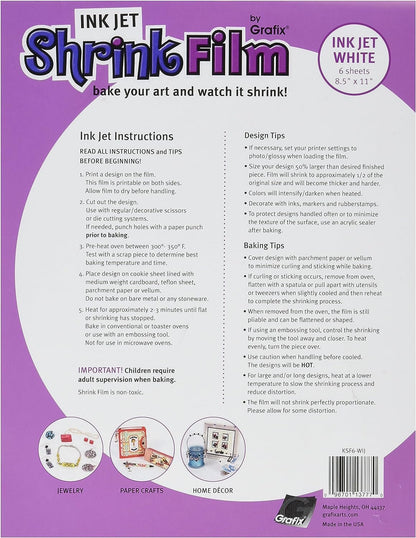 Grafix Ink-Jet Printable Shrink Film – White, 8.5 x 11”, Pack of 50 – Printable Shrink Sheets, Design Your Art, Print, and Shrink It to Create Jewelry, Embellishments, Paper Crafts, Ornaments and More