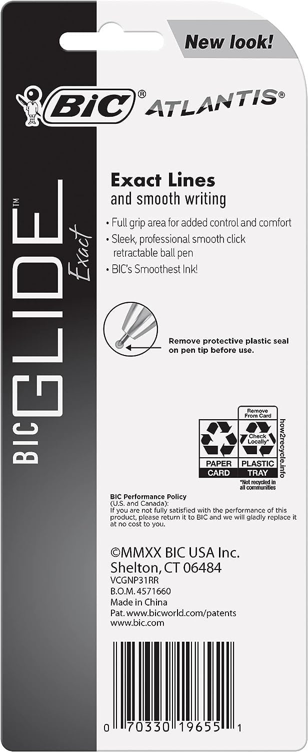 BIC Glide Exact Retractable Ball Point Pen, Fine Point (0.7 mm), Black, Precise Lines For Clean Writing