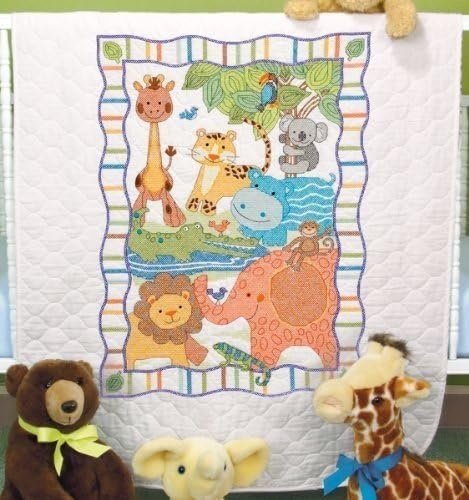 Dimensions Stamped Cross Stitch 'Baby Animals' DIY Baby Quilt, 34" x 43"