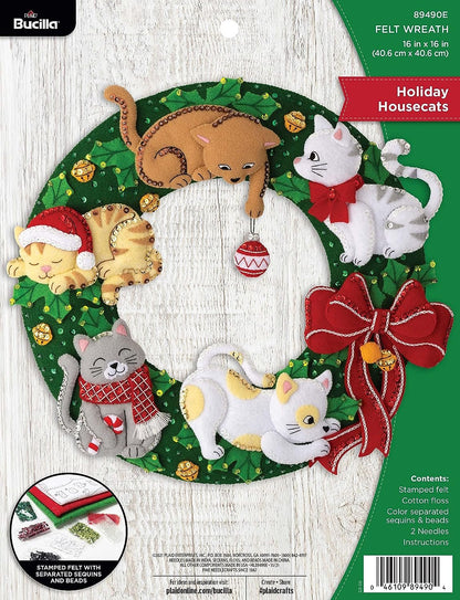 Bucilla Felt Applique Wreath Kit, Holiday Housecats, Perfect for DIY Arts and Crafts, 89490E