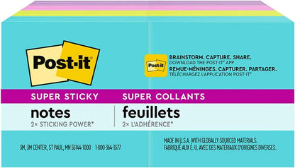 Post-it Super Sticky Notes,2x2 in, 8 Pads, 2x the Sticking Power, Supernova Neons Collection, Recyclable (622-8SSMIA)