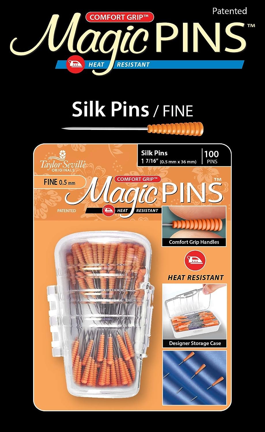 Taylor Seville Originals Comfort Grip Silk Fine Magic Pins-Sewing and Quilting Supplies and Notions-Sewing Notions-100 Count