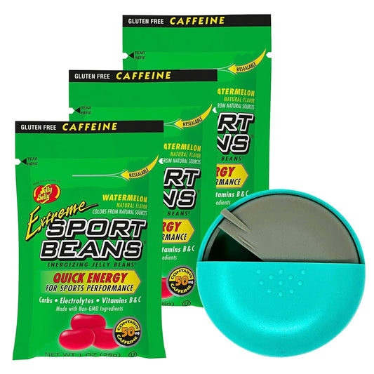 Jelly Belly Sports Beans Berry Flavor (3 pack of 1oz bags) with Mini Candy Dispenser (7.5cm x 2.5cm) - Energy Jelly Beans for Sports and Small Travel Case for Athletes, Runners, Travel, Desktop, etc