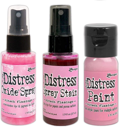 Tim Holtz Distress Kitsch Flamingo February 2021 Release, Distress Ink Pad/Reinker, Oxide Ink Pad/Reinker, Embossing Glaze, Flip Top Paint, Oxide Spray, Spray Stain, Collector Enamel Pin, 9 Items