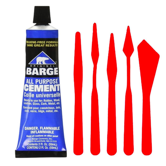 Barge Contact Cement Adhesive All Purpose (2oz) with Pixiss Paste Spreaders (5pcs) - Water Resistant & Toluene-Free Quick Dry Cement - Barge Cement for Shoes, Vinyl, etc. with 5pc Glue Spreader Set