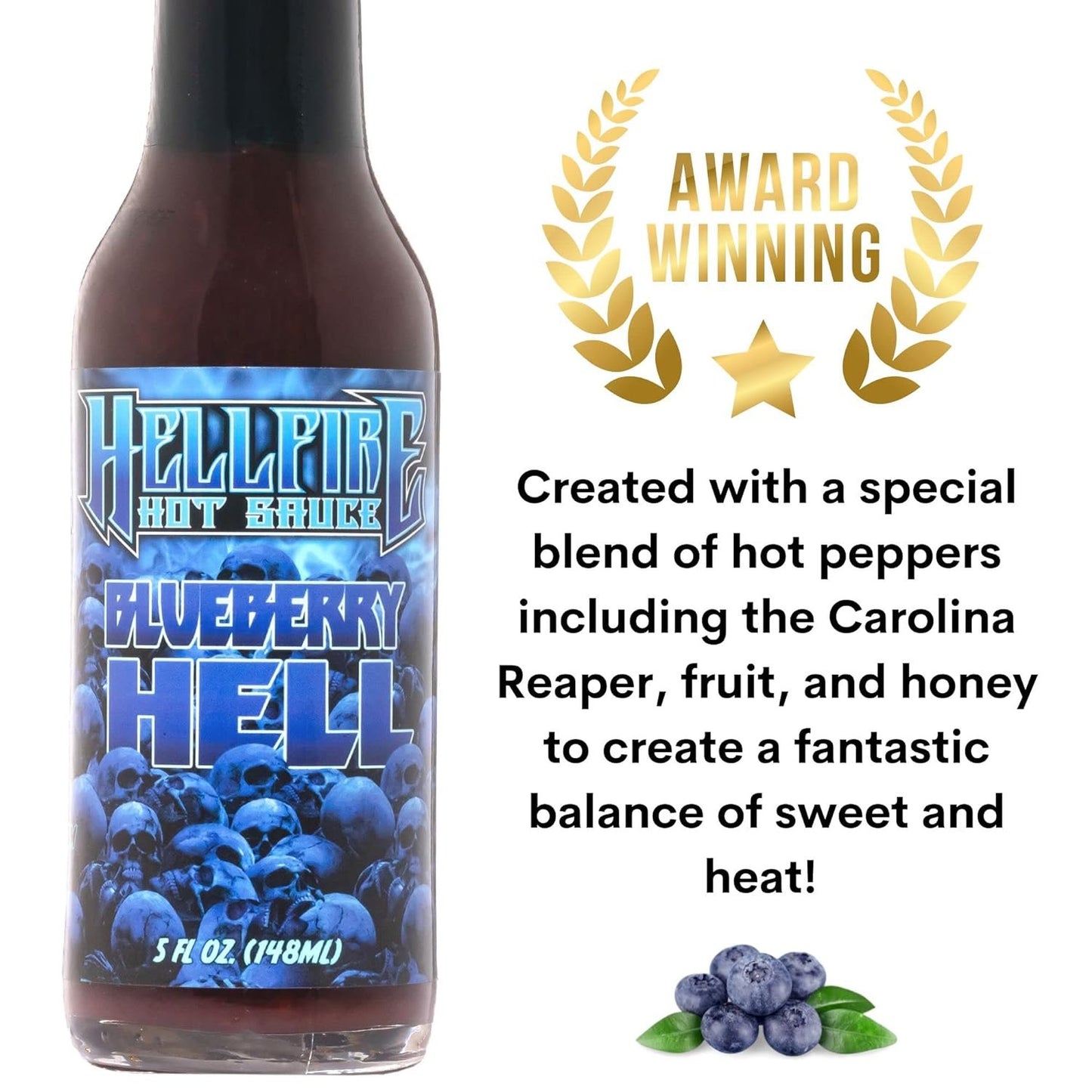 Hellfire Blueberry Hell Hot Sauce with Carolina Reaper Peppers, Gourmet, Award-Winning Fruit-Based Hot Sauce, 5 oz.