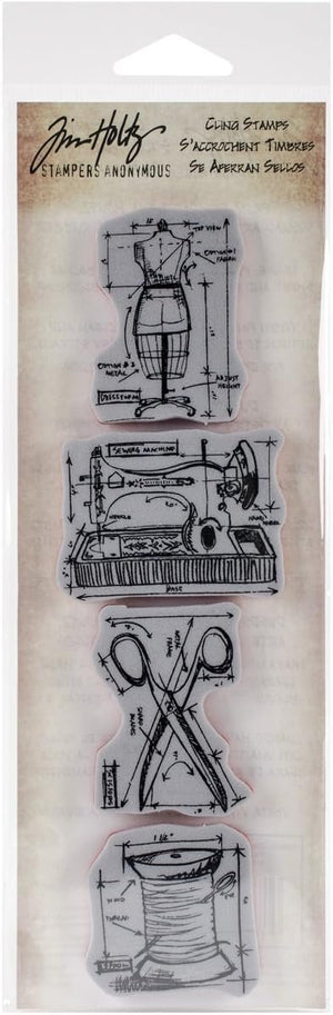 Tim Holtz Mini Blueprints Strip Cling Stamps 3"X10", Sewing