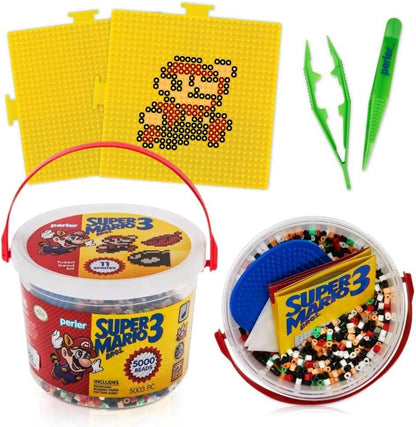 Super Mario Bros 3 Perler Beads Set with Perler Bead Pegboard (x3), Perler Tweezers (x2) and Ironing Paper - Fuse Bead Kit for Mini Beads Pixel Art - 5000 pcs Perler Beads Kit