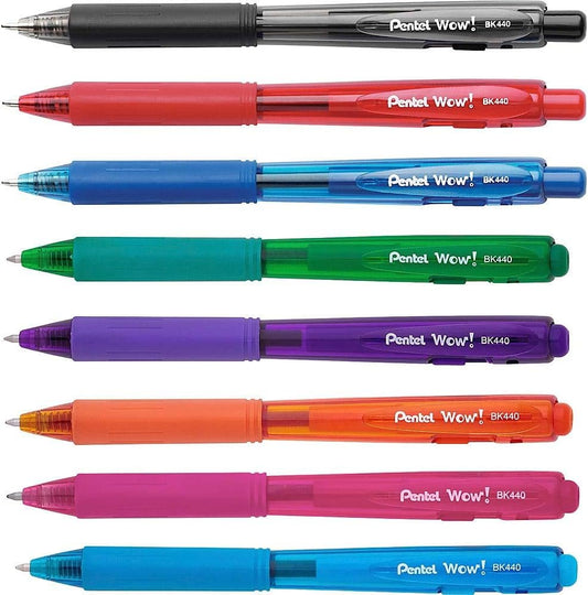 Pentel WOW! Colors Retractable Ballpoint Pens, Medium Line, Assorted Ink Colors, 8 Pack (BK440BP8M)