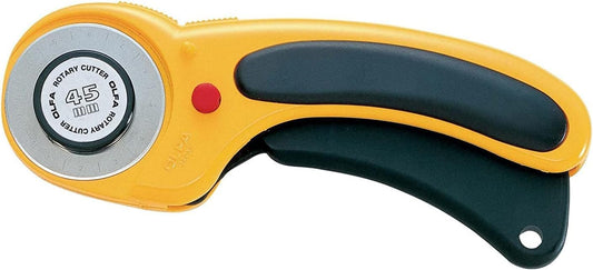 OLFA 45mm Ergonomic Rotary Cutter (RTY-2/DX) - Rotary Fabric Cutter w/ Blade Cover & Squeeze Trigger for Quilting, Sewing, Crafts, Replacement Blade: OLFA RB45-1H