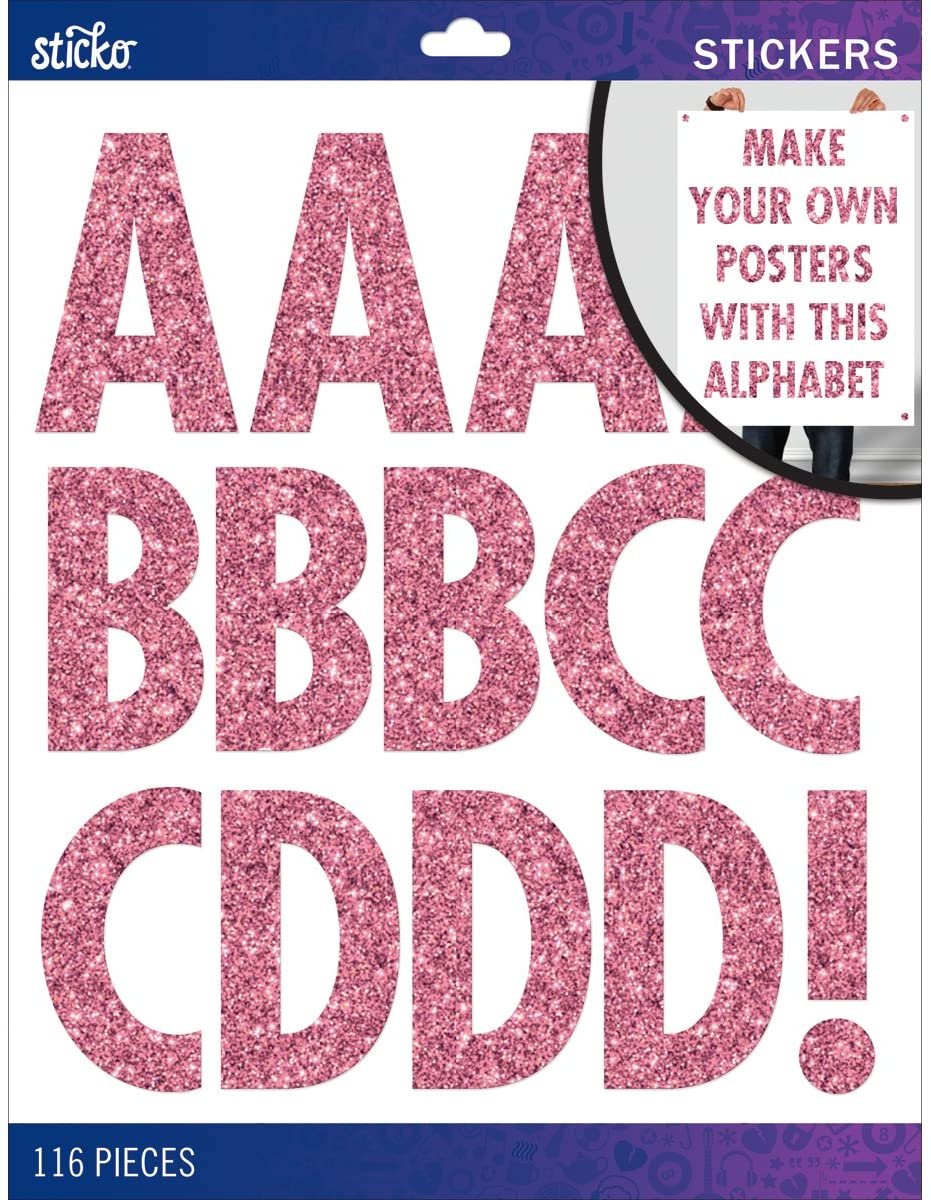 Sticko Alphabet Stickers, Regular X-Large, Pink Glitter Futura