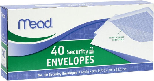 Mead #10 Envelopes, Security Printed Lining for Privacy, Gummed Closure, All-Purpose 20-Ib Paper, 4-1/8" x 9-1/2", White, 40 Letter Size Envelopes per Box (75214)
