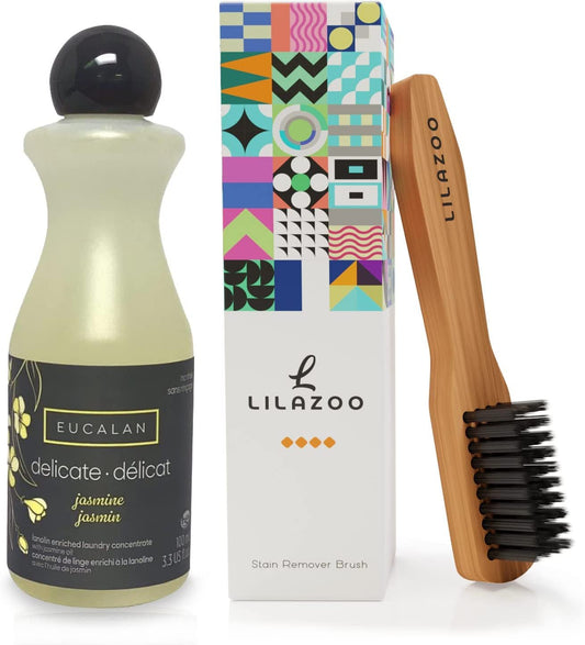 Eucalan Delicate Wash Jasmine Concentrate - Eucalan No Rinse Delicate Wash Detergent - Delicate Laundry Wash for Fine Fabrics, & Lilazoo Laundry Brush - Delicates Soaps Fabric Wash - Jasmine Scented