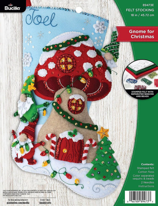Bucilla Felt Applique 18" Stocking Making Kit, Gnome Christmas, Perfect for DIY Arts and Crafts, 89473E