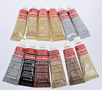 Amaco Rub 'N Buff Wax Metallic Finish, 12 Tube (9 Color) Assortment (Gold Leaf, Antique Gold, Grecian Gold, Ebony, Silver Leaf, Spanish Copper, Autumn Gold, European Gold, Pewter)