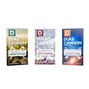 Duke Cannon Supply Co. Big Brick of Soap Bar for Men Great American Frontier (Leaf+Leather, Fresh Cut Pine, Campfire) Variety-Pack- All Skins, Extra Large Masculine Scents, 10 oz (Variety 3 Pack)