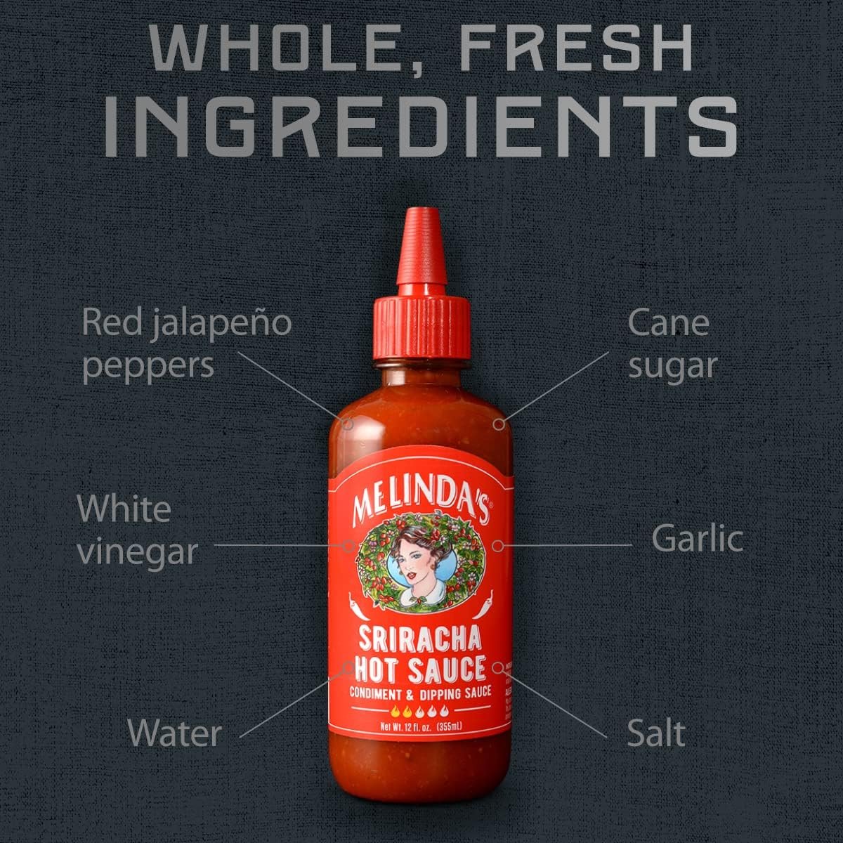 Melinda’s Sriracha Hot Sauce - Classic, Gourmet Sriracha Sauce Made with Fermented Red Jalapeños & Garlic - Keto, Kosher, Vegan, Non-GMO and Gluten Free Hot Sauce - 12oz, 1 Pack