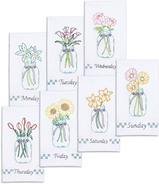 Jack Dempsey Needle Art Mason Jar Bouquets Embroidery Towels, Cotton, white