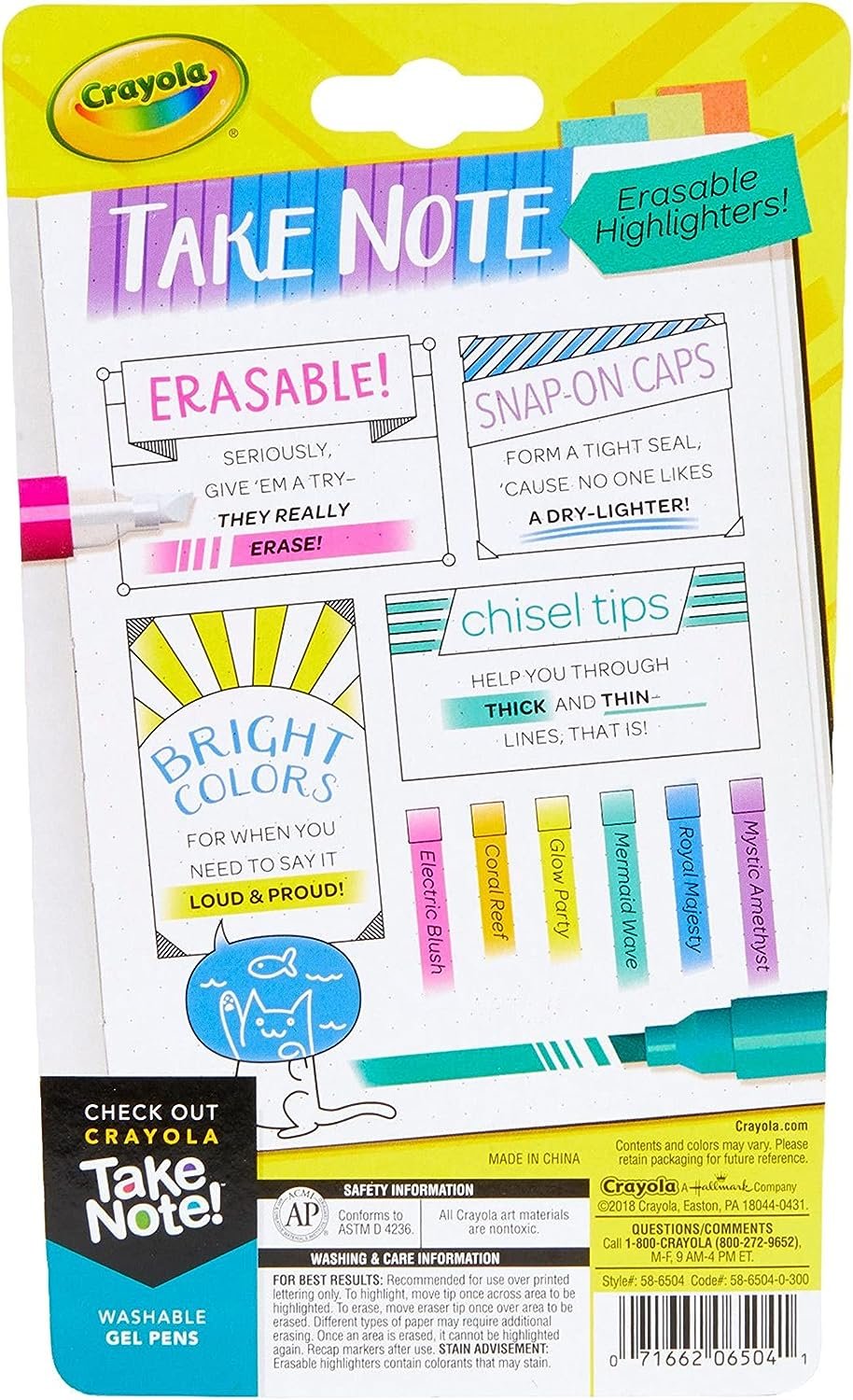 Crayola Take Note Erasable Highlighters, Cool School Supplies, Chisel Tip Markers, 6 Count