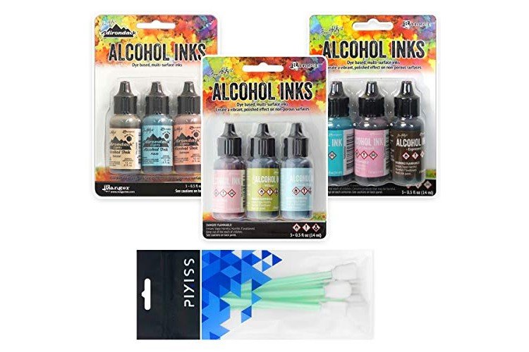Ranger Tim Holtz Alcohol Inks Bundle 4, Lakeshore, Retro Cafe and Countryside, 10x Pixiss Ink Blending Tools