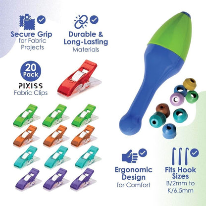 Ergonomic Crochet Hook Grip with Pixiss Fabric Clips - Crochet Hook Handle for Comfortable Crafting and Crocheting - Plastic Sewing Clips for Fabrics, Cloth, and Crocheting Projects